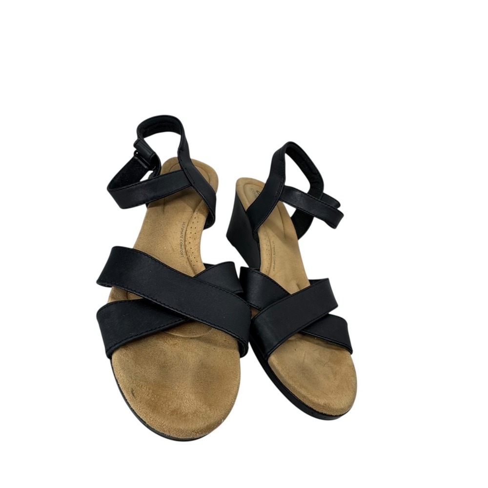 Clarks Black Wedge Sandals Women's Size 11 Ankle Strap Comfort